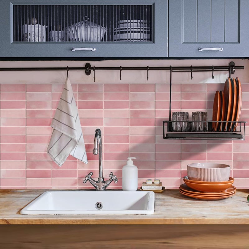 AdoDecor بلاط خلفية قابل للتقشير واللصق للمطبخ، ترقية جديدة 12" × 12" بلاط خلفية مطبخ كبير ممتاز، بلاط مترو ملصق للحمام باللون الوردي 10 ورقات. - Image 2